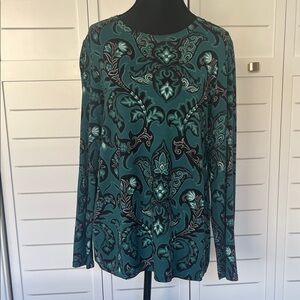 Chico’s Long Sleeve Teal Green and Black Paisley Women's Tee Top Sz 1